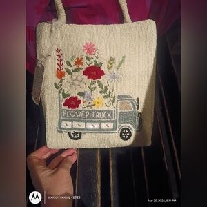 Handcrafted in India Flower Truck Butterfly Beaded Tote  Bag White NWT
